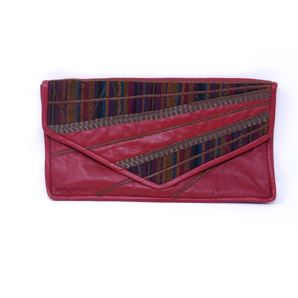 Towanny Vintage Red Leather Envelope Clutch Bag Boho Mixed Media Woven Textile